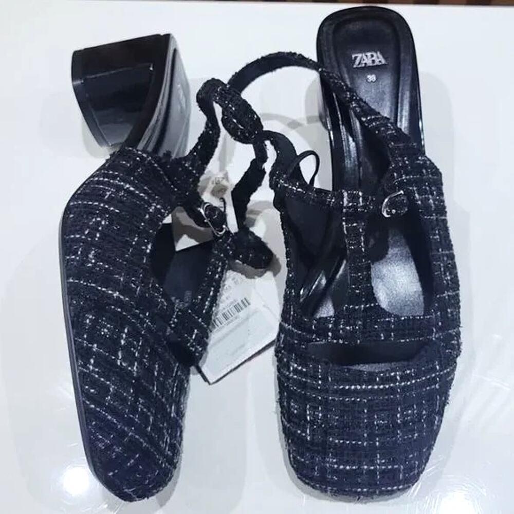 ZARA Textured Slingbacks NWT 🖤 Tweed Fabric Block Heel Size 7.5 8 - Picture 13 of 16